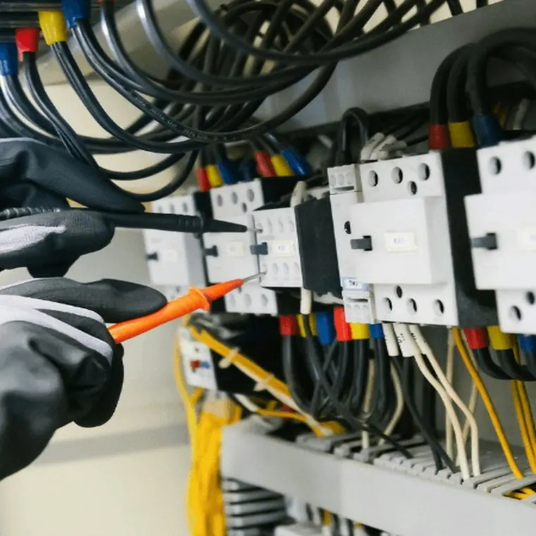 Técnico midiendo con un tester los contactos de un tablero eléctrico